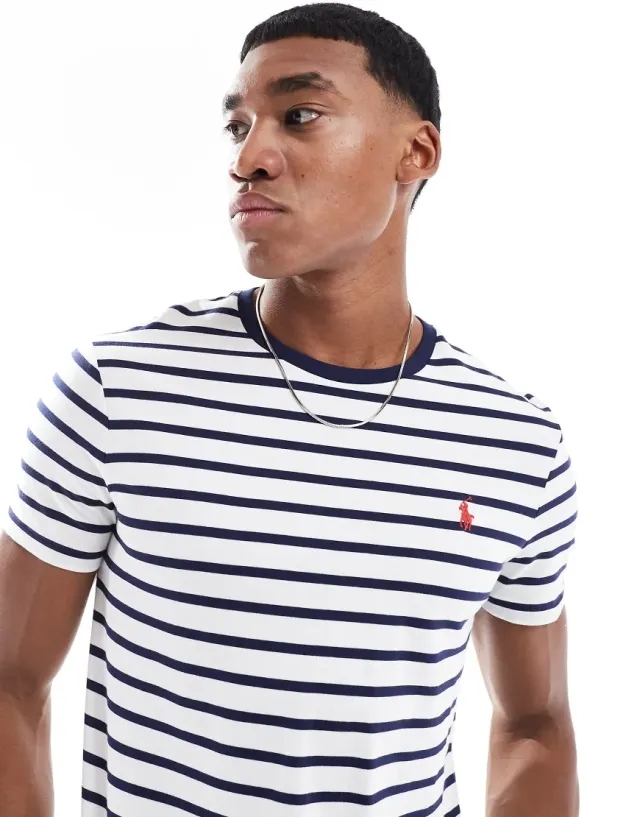 Polo Ralph Lauren Icon Logo Stripe T-Shirt Custom Fit In White/Navy