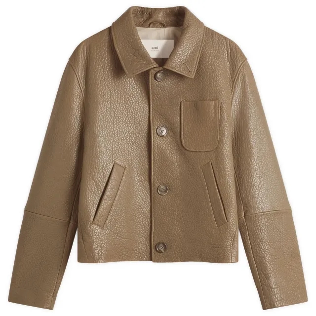 AMI Paris Men's Leather Buttoned Jacket Smoke Grey