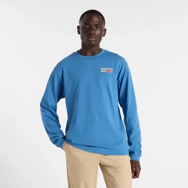 New Balance Men's Athletics Premium Back Logo Long Sleeve in Blue Cotton