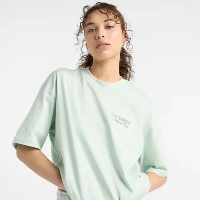 New Balance Women's Linear Graphic Oversized T-Shirt in Green Cotton