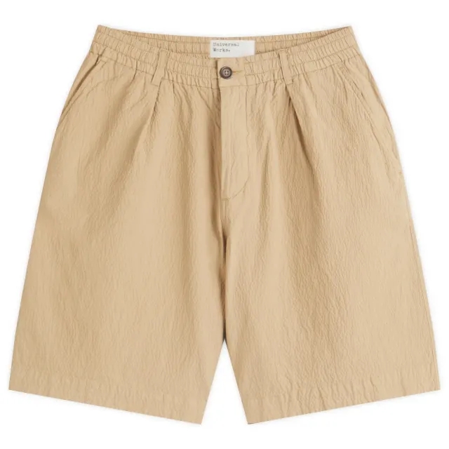 Universal Works Men's Seersucker Pleated Track Short Sand