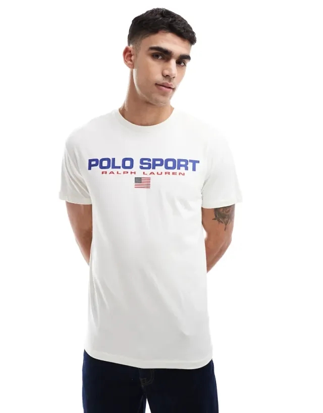 Polo Ralph Lauren Sport Capsule Large Chest Flag Logo T-Shirt Classic Oversized Fit In Cream-White