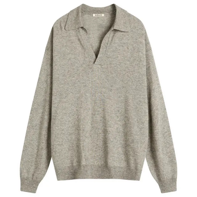 Auralee Men's Super Fine Cashmere Silk Knit Skipper Polo Top Grey