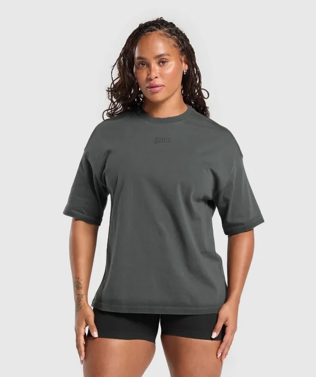 Gymshark Gains Washed Heavyweight Cotton T-Shirt - Asphalt Grey/Black