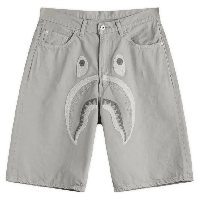 A Bathing Ape Men's Shark Garment Dye Relaxed Fit Denim Shorts Grey