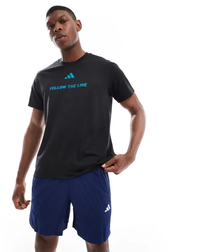 Adidas Running Follow The Line T-Shirt In Black And Blue