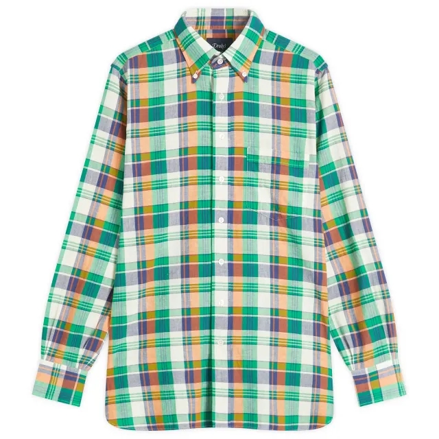 Drake's Men's Madras Button Down Shirt Green/Orange/Blue