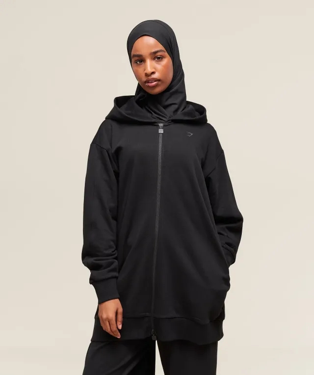 Gymshark Covered Longline Zip Up Hoodie - Black