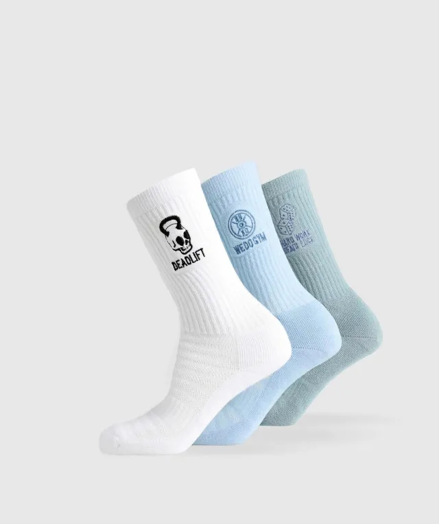 Gymshark Character Crew Sock 3pk - White/Gentle Blue/Rest Blue