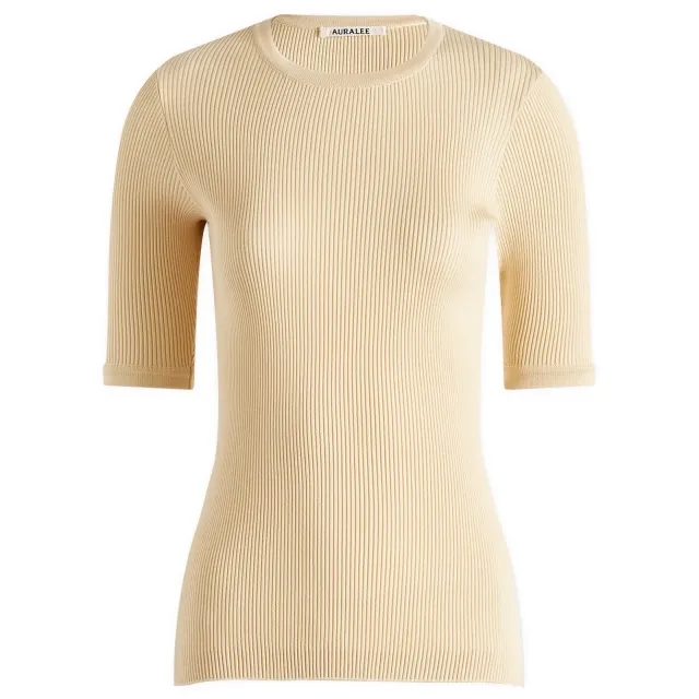 Auralee Women's Cotton Rib Knit T-Shirt Yellow Beige