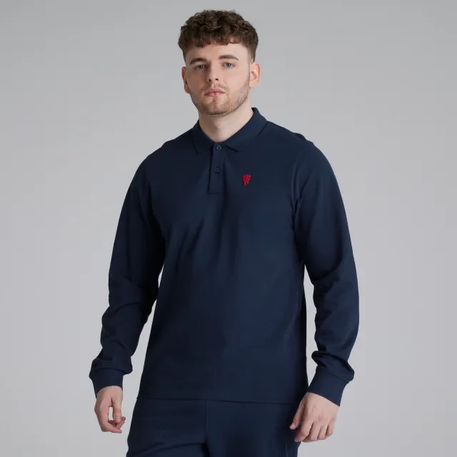Manchester United Mens Devil Emblem Long Sleeve Polo Shirt Navy