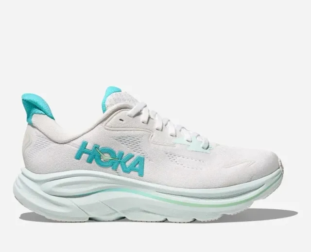 HOKA Women's Clifton 10 Road Running Shoes in White/Cielo Blue
