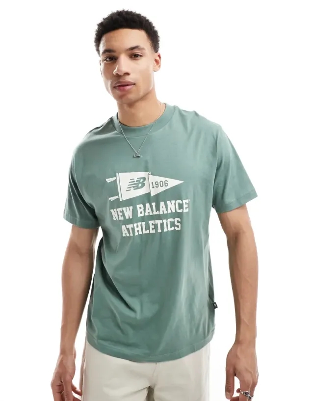 New Balance Men's Varsity Pennant T-Shirt in Green Cotton