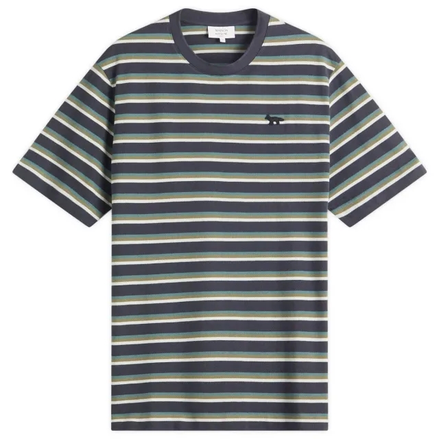 Maison Kitsune Profile Fox Patch Striped Comfort T-Shirt Soft Teal/Bay Leaf/Cirrus Blue
