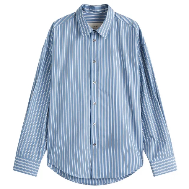 AMI Paris Men's Boxy Fit Stripe Shirt Blue Note/White/Navy