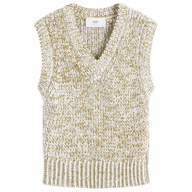AMI Paris Men's Sleeveless V Neck Sweater White Cream/Lichen