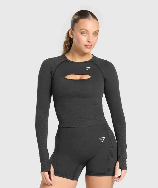  Vital Seamless Long Sleeve Cut Out Top - Black Marl