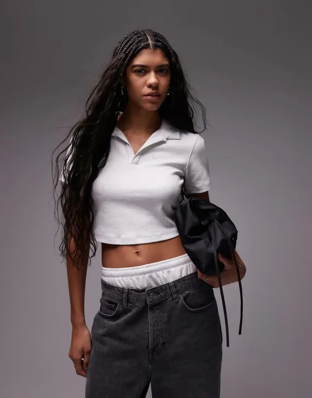 Nike Essential Cropped Polo Top In Grey Marl