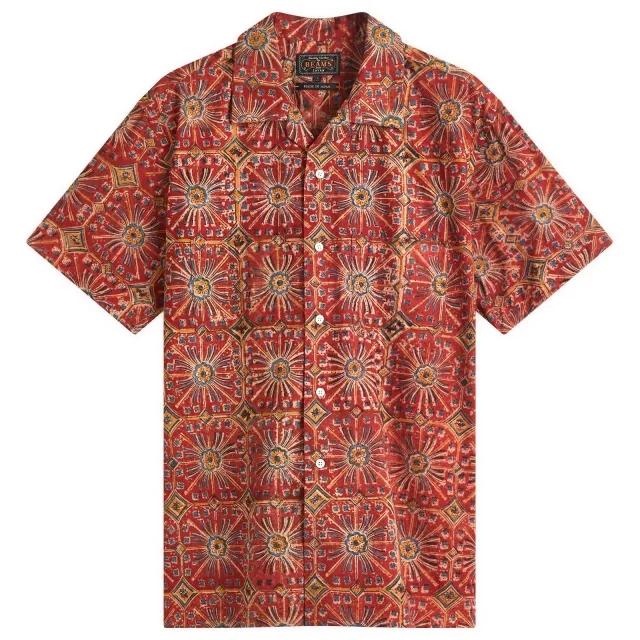 Beams Plus Men's Open Collar Block Print Flower Shirt Red