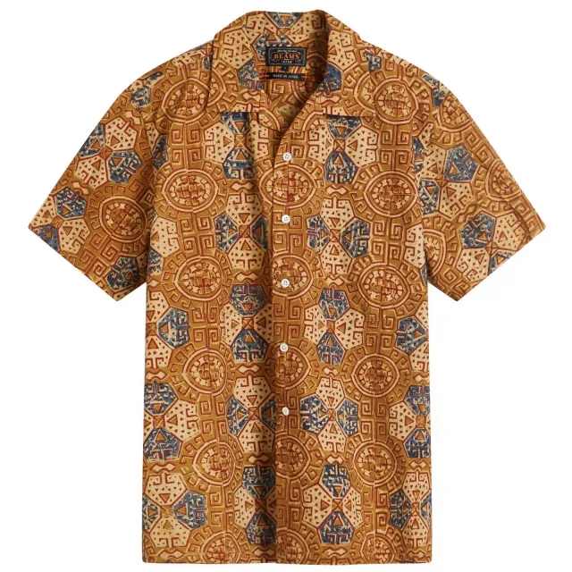 Beams Plus Men's Open Collar Geometric Block Print Shirt Brown