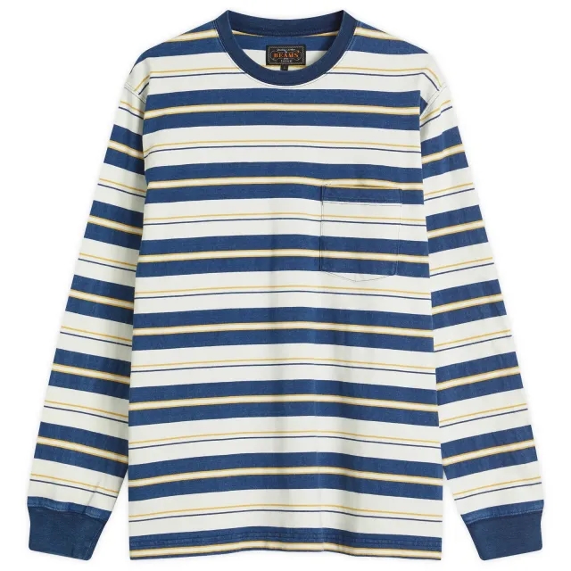 Beams Plus Men's Long Sleeve Stripe Pocket T-Shirt One Wash