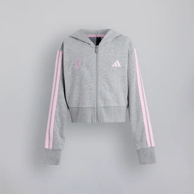 Manchester United x adidas Kids Essentials Full Zip Cropped Hoodie Grey Marl