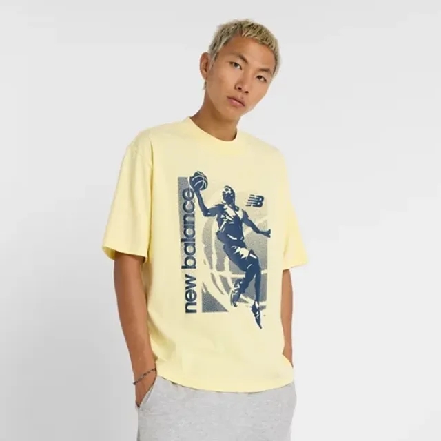 New Balance Men's Hoops Graphic Vintage T-Shirt in Yellow Poly Knit