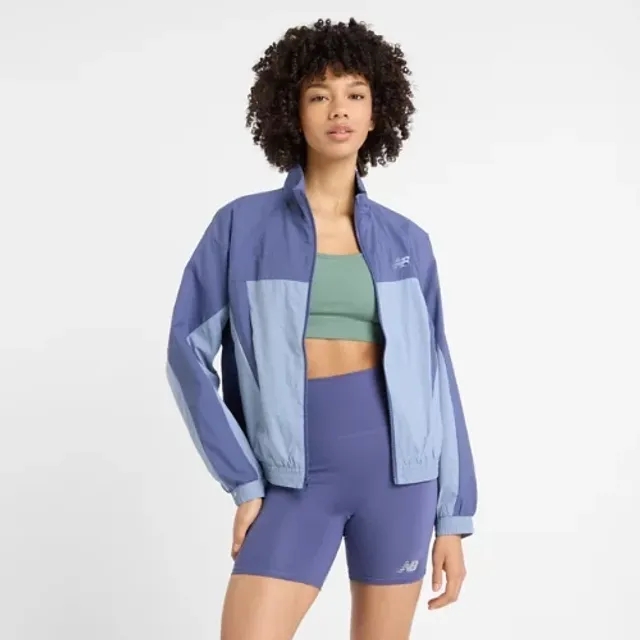 New Balance Women's Color Blocked Woven Jacket in Blue Polywoven