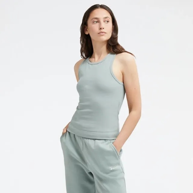 New Balance Women's Linear Heritage Rib Knit Racer Tank in Green Poly Knit