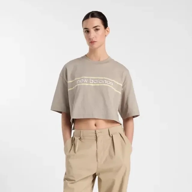 New Balance Women's Athletics Linear Logo T-Shirt in Beige Cotton