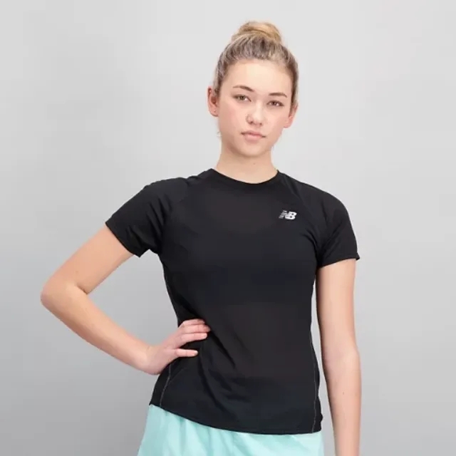 New Balance Women's Impact Run Short Sleeve in Black Poly Knit