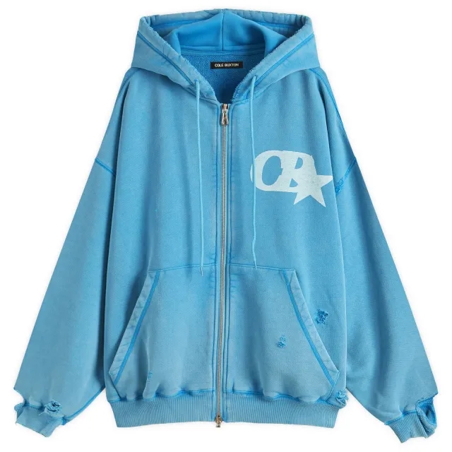 Cole Buxton Men's CB Star Distressed Pocket Zipped Hoodie Washed Blue