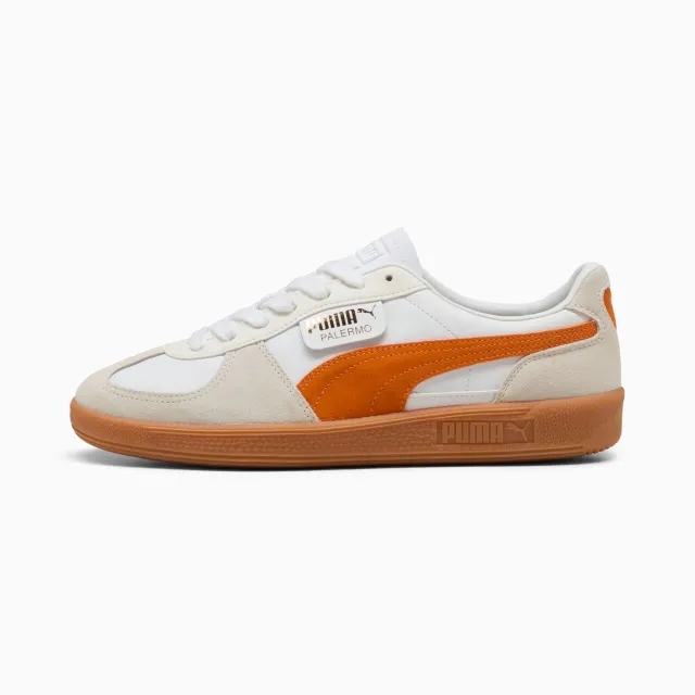 PUMA Palermo Leather Sneakers Unisex, White/Warm White/Orange Glo, size 10