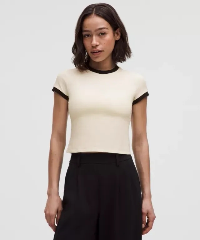 lululemon – Women's Organic Ringer Baby Tee – Color Black/White – Size L