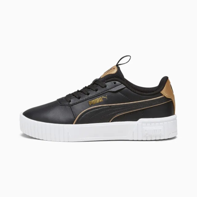 PUMA Carina 2.0 Pop-Up Metallics Youth Sneakers, Black/Gold/White, size 3