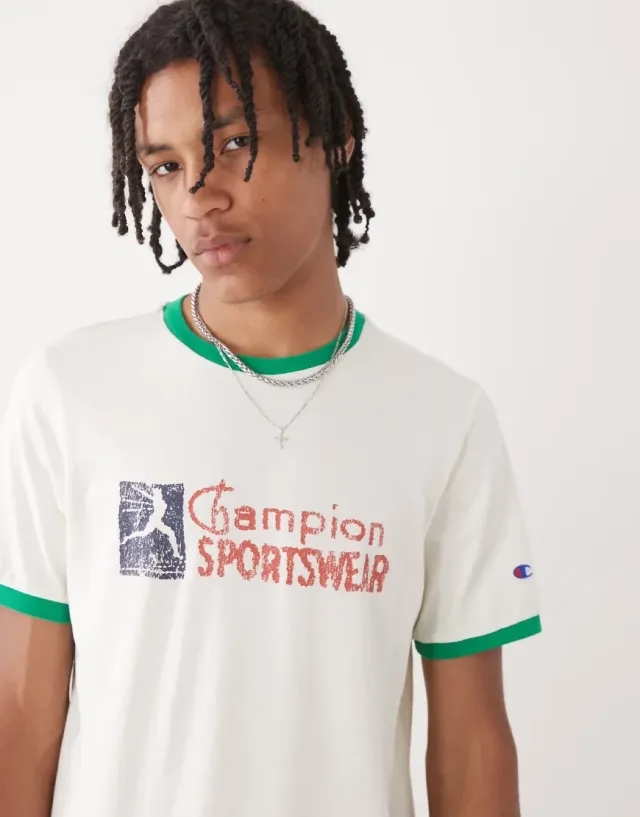 Champion Ringer T-Shirt In Beige And Green-Neutral