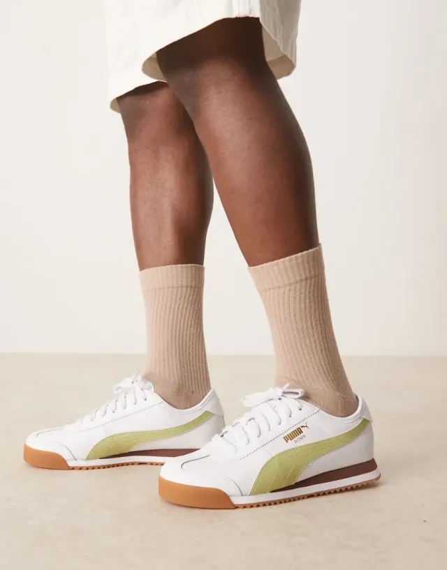 Puma Roma Trainers In White With Green