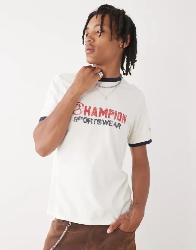 Champion Ringer T-Shirt In Beige And Black-Neutral