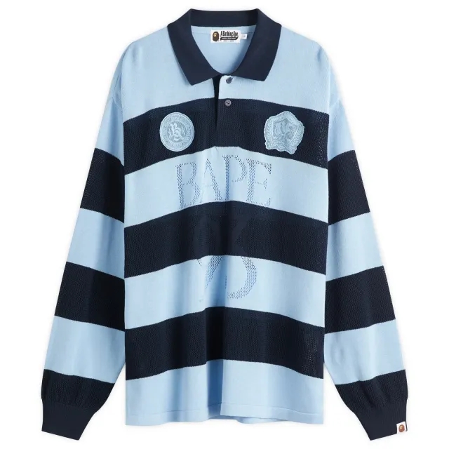 A Bathing Ape Men's Jacquard Multi Logo Stripe Relaxed Fit Ls Tee Navy