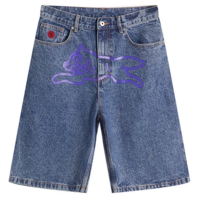 ICECREAM Men's Running Dog Denim Shorts Mid Wash Blue