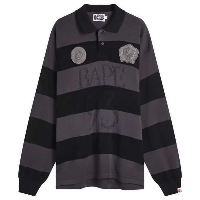 A Bathing Ape Men's Jacquard Multi Logo Stripe Relaxed Fit Ls Tee Black
