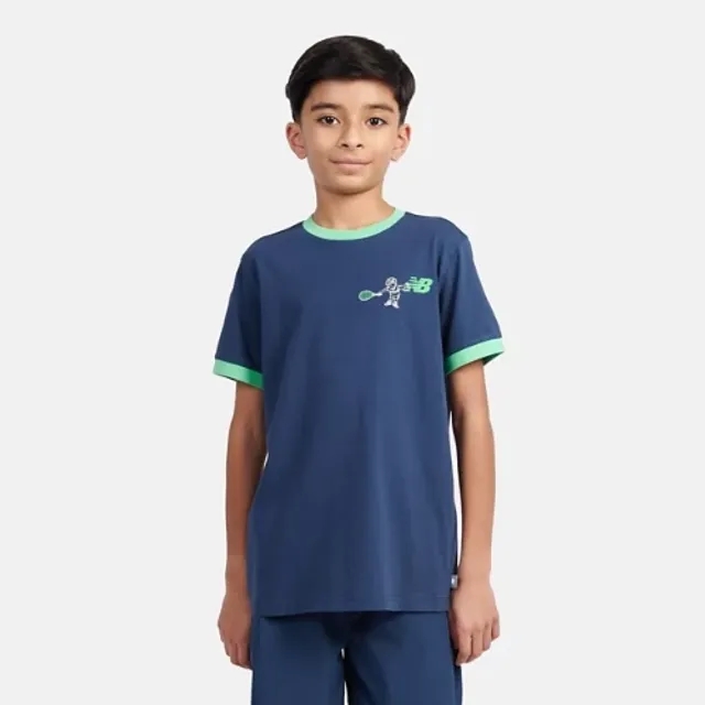 New Balance Boys Tennis Cartoon Back Graphic T-Shirt in Blue Cotton Jersey