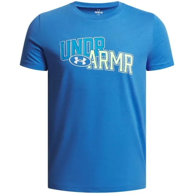 Under Armour  Overlay Wordmark Boys' Short Sleeve Blue Atlantis / High Vis Yellow YLG (59 - 63 in)