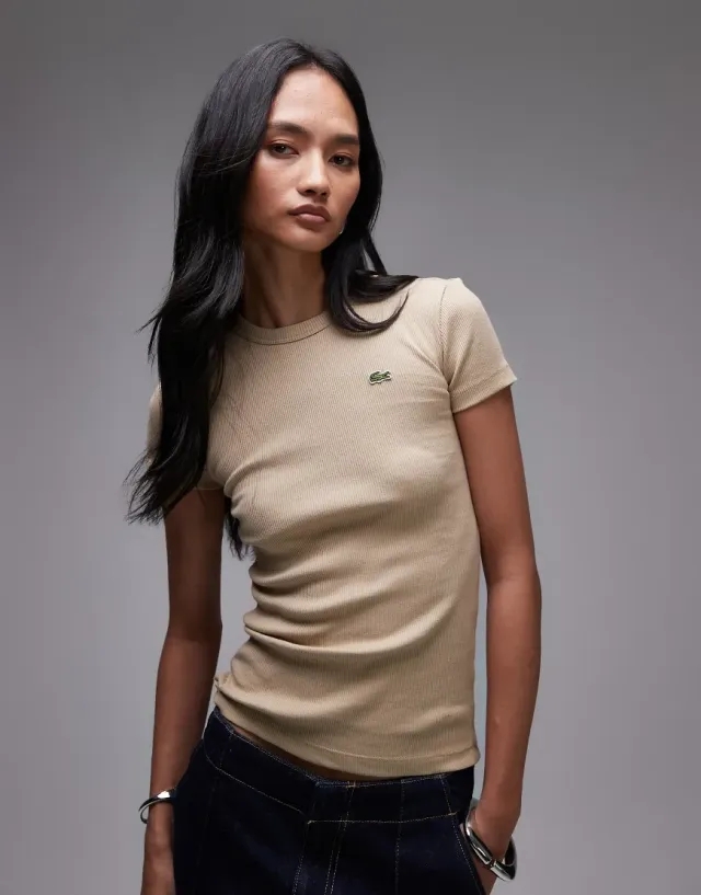 Lacoste Slim Fit Ribbed Cotton T-shirt - Beige
