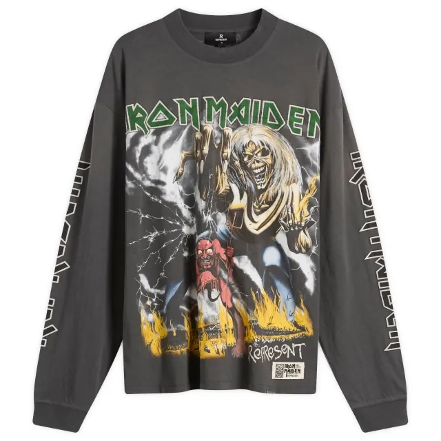 Represent Men's Iron Maiden Number of the Beast Long Sleeve T-Shir Sunfade Grey