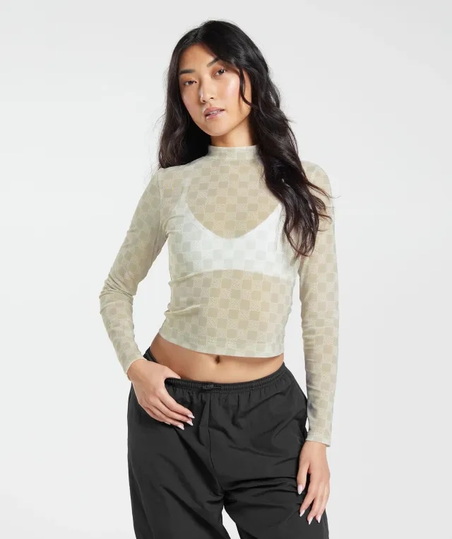  Monogram Mesh Long Sleeve Top - Vanilla White