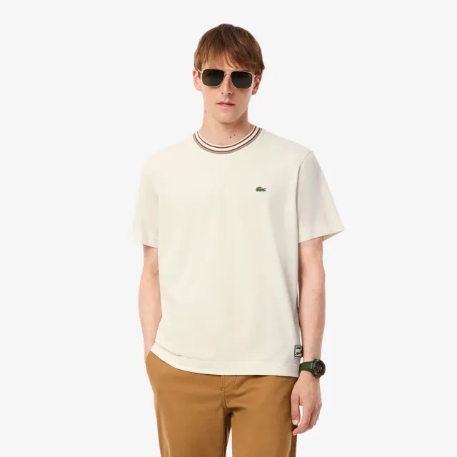 Lacoste French Made Stripe Neck T-shirt - Ecru White