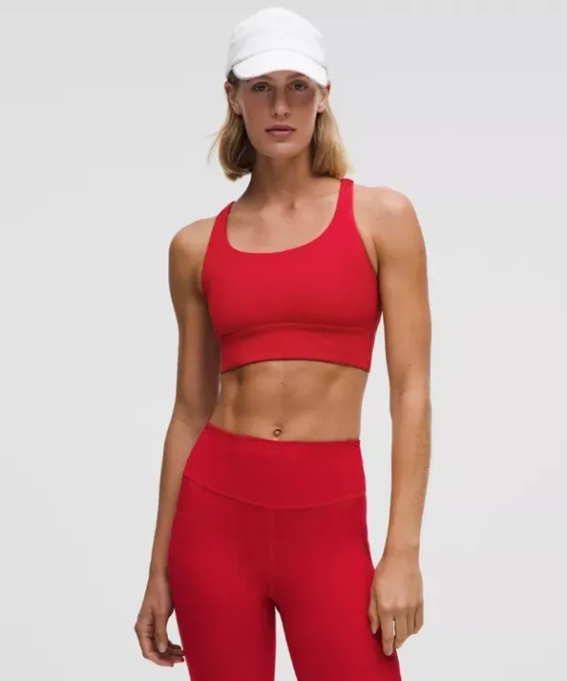 lululemon – Women's Energy Longline Sports Bra Medium Support, B-D Cups – Color Dark Red/Neon/Red – Size 10