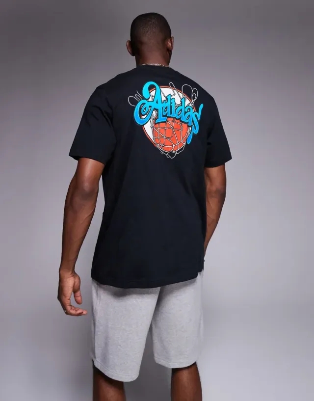 Adidas Basketball T-Shirt With Back Print In Washed Black
