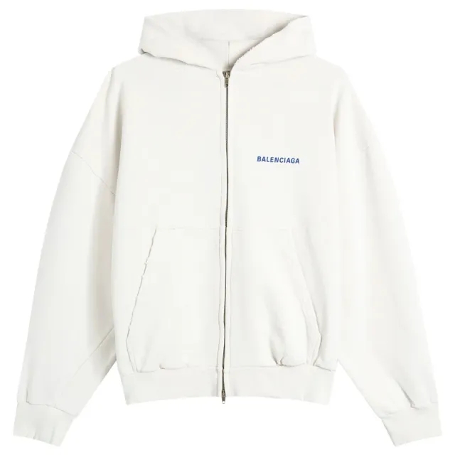 Balenciaga Men's Logo Back Dry Molleton Zip-Up Hoodie Dirty Wht/Sport Blue